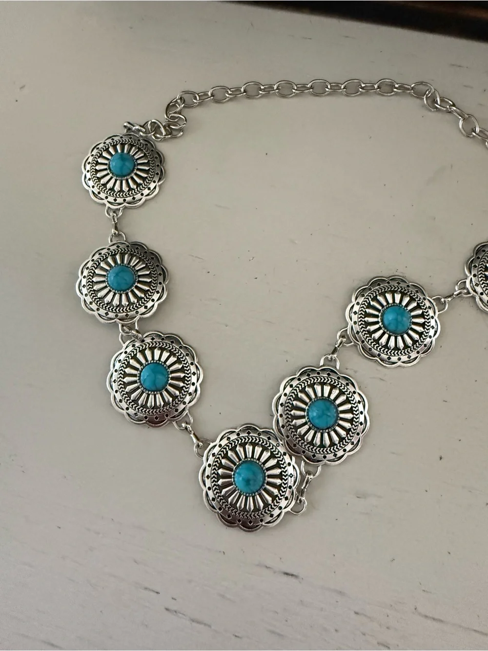 Silver and turquoise couch metal belt one size adjustable